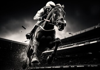 A black and white image of a jockey in mid-air, captured during a jump over a hurdle. The