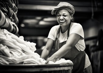 A black and white image of a Laundress, captured in a candid moment of laughter while folding a