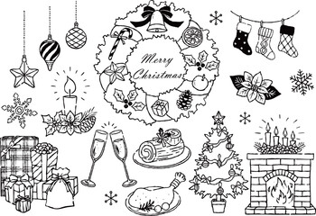 手描き　クリスマスイラストセット　モノクロ
