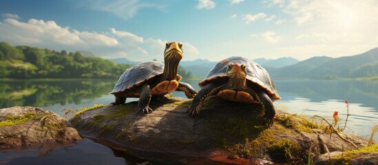 A trio of small turtles from Brazil enjoying the sun on a rocky surface Great for tutorials about caring for pets nature related content or any photo editing material