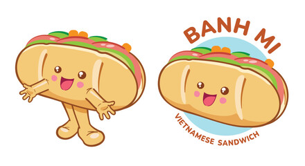 Cute cartoon character of Banh Mi, Vietnamese sandwich.
