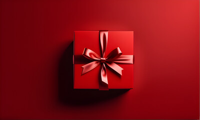 red 3D gift box with ribbon and bow on a red background in a minimalist style - obrazy, fototapety, plakaty