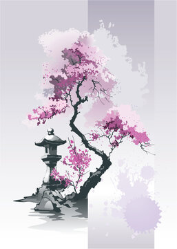Toro stone lantern under cherry blossoms. Vector design.
