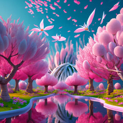 Obraz na płótnie Canvas Mesmerizing Hybrid Landscape: Earthly Cherry Blossom Garden Meets Radiant Alien Flora