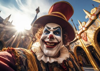 A close-up shot of a jester's face, captured as a selfie with a wide-angle lens to include the