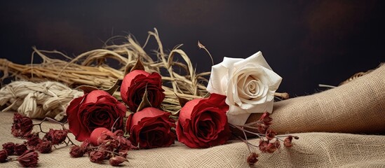 A couple of withered white flowers on burlap alongside a desiccated red rose - obrazy, fototapety, plakaty