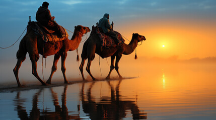 Camels with riders in sunset. Caravan in desert - obrazy, fototapety, plakaty