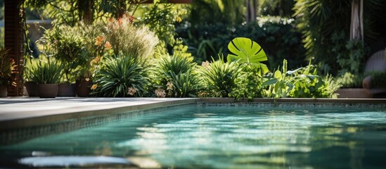 Residential backyard hosts an outdoor in ground pool accompanied by a hot tub surrounded by lush greenery on a bright and sunny day - obrazy, fototapety, plakaty