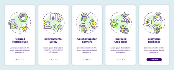 2D icons representing integrated pest management mobile app screen set. Walkthrough 5 steps multicolor graphic instructions with linear icons concept, UI, UX, GUI template.