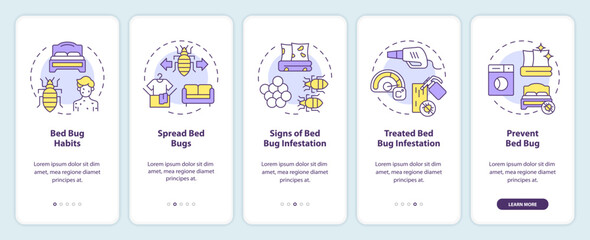 2D icons representing integrated pest management mobile app screen set. Walkthrough 5 steps multicolor graphic instructions with line icons concept, UI, UX, GUI template. - obrazy, fototapety, plakaty