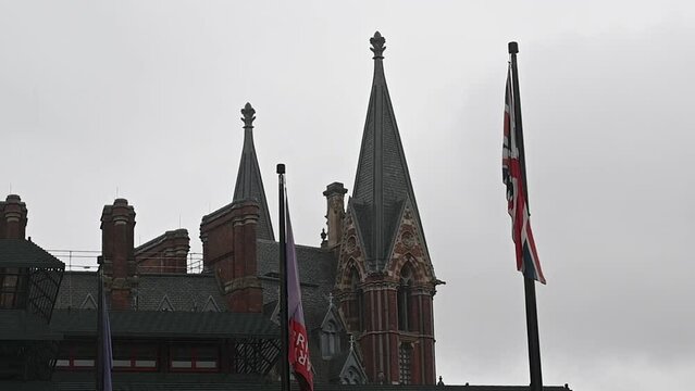 The Union Jack National Flag near the British Library and St Pancreas Hotel, London, United Kingdom