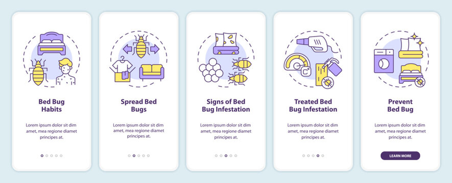 2D icons representing integrated pest management mobile app screen set. Walkthrough 5 steps multicolor graphic instructions with line icons concept, UI, UX, GUI template.