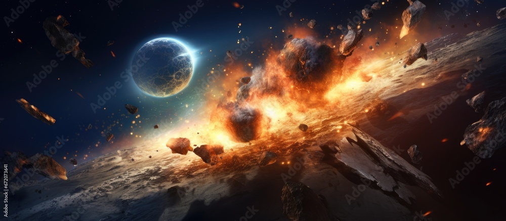 Poster illustration of a meteor impact abstractly represents the attack of an asteroid on a planet within t