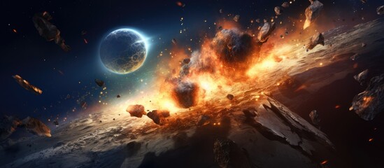 Fototapeta premium Illustration of a meteor impact abstractly represents the attack of an asteroid on a planet within the vast universe