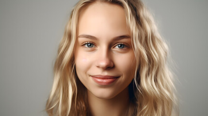Naklejka premium Portrait of young European girl smiling in white background