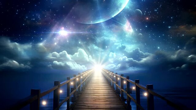 a bridge with many lamp light on heaven galaxy space video background looping for live wallpaper  Seamless looping 4K virtual video animation background