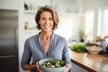 Aging woman smiling happily while holding a bowl with fresh salad.
