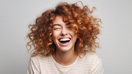 Happy white skinned woman with curly hair enjoys the moment