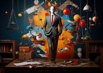 A contemporary art-inspired image of a lawyer, depicted in a conceptual installation, incorporating