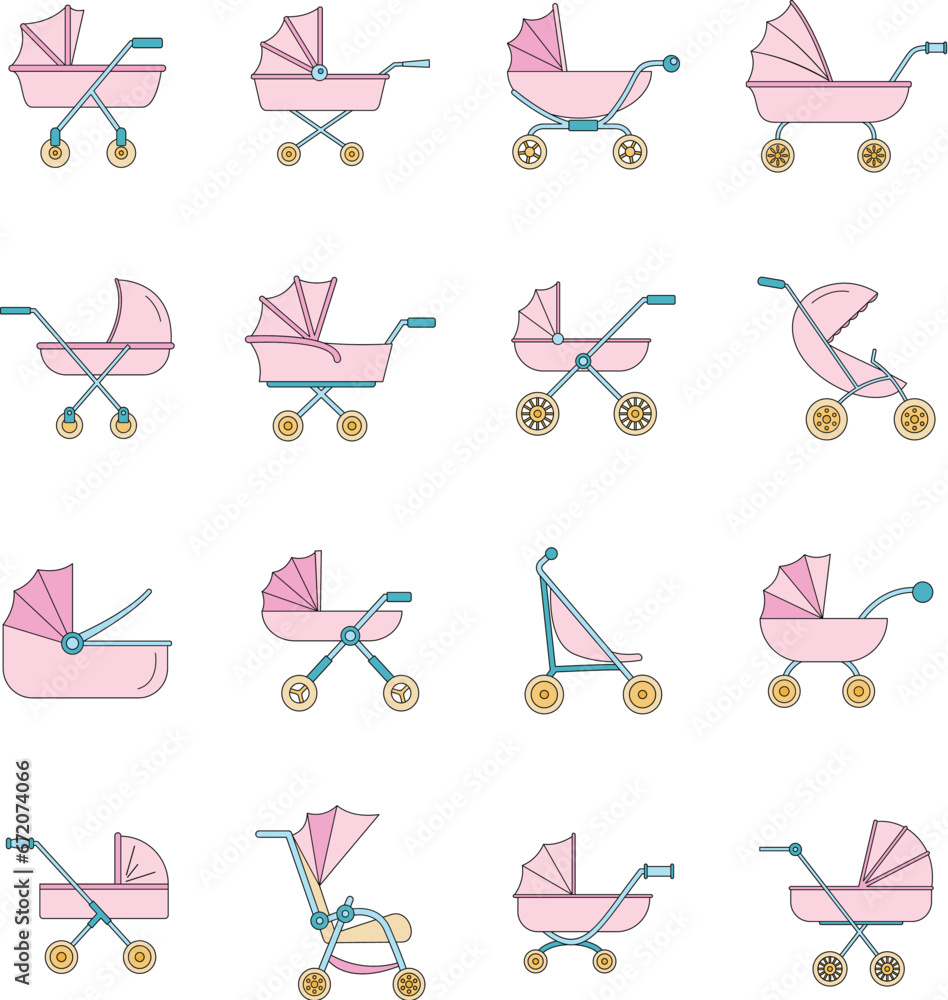 Aufkleber pram stroller carriage cradle buggy icons set. outline illustration of 16 pram stroller carriage cra