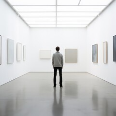 A young man strolls through an empty art gallery, appreciating the tranquil atmosphere and the artwork on display