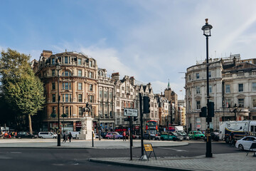 London, United Kingdom - September 25, 2023: Trafalgar Square, a public square in the City of Westminster, Central London - obrazy, fototapety, plakaty