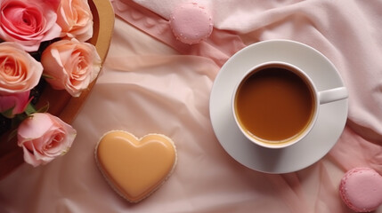 Fototapeta na wymiar cup of coffee and heart shaped chocolates HD 8K wallpaper Stock Photographic Image 