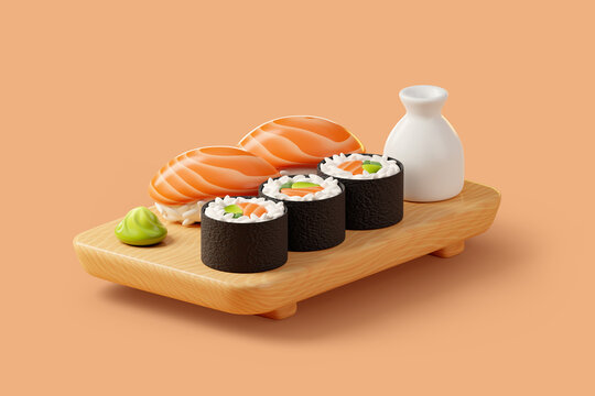 3d Sushi Set on wooden plate with soy sauce and wasabi. Sushi set of rolls with salmon, avocado and red fish nigiri. Traditional Japanese cuisine. 3d rendered illustration