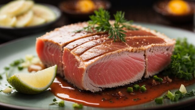 Close-up high-resolution image of fresh tuna meat sashimi. Generative AI.