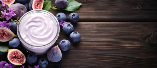 On a wooden background violet flowers blueberries plums and figs adorn cosmetic products with a...