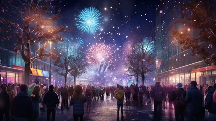 an image of a New Year's night city square celebration, with AI-generated people gathered for a public party with live performances and fireworks.