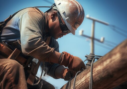 A laborer repairing a broken electrical wire on a utility pole, captured from a close-up