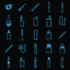 Electronic cigarette mod cig smoke icons set. Outline illustration of 25 electronic cigarette mod cig smoke vector icons neon color on black