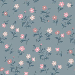 A pattern of pink, pale pink and dark pink flowers. Seamless pattern in vector. Background of a blooming garden. Print with a floral bouquet on a gray background.