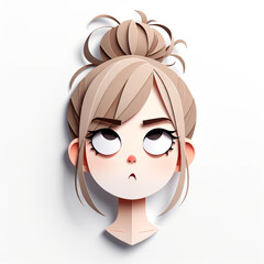 Illustration with a girl's face in an origami style, facial expression - funny