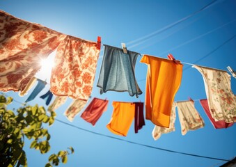 A low-angle shot of a Laundress hanging freshly washed bedsheets on a clothesline against a clear