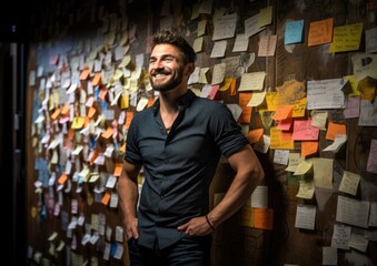 A low-angle shot of an inventor standing in front of a wall covered in sketches and sticky notes,