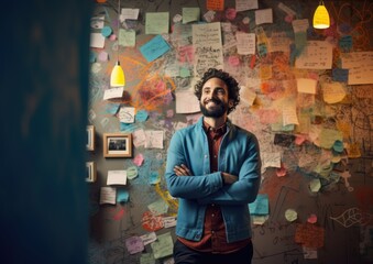 A low-angle shot of an inventor standing in front of a wall covered in sketches and sticky notes,