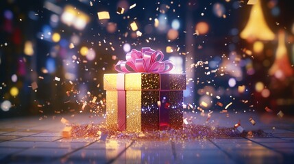 Generate an image that portrays the magical moments of opening New Year's night gifts, with AI-generated elements highlighting the joy and surprise.