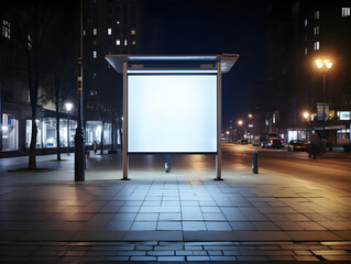 Blank white advertising banner at evening city street. Digital Street Billboard mockup, Blank digital billboard on street in city for advertisement marketing or ad placement. Generative AI