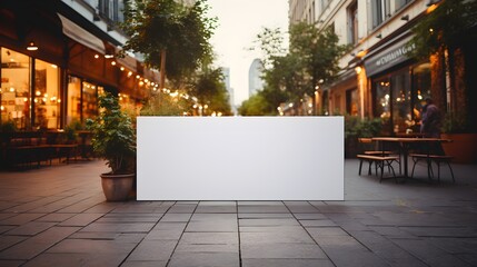 Blank white advertising banner about restaurant entrance on sunset city street background. Generative AI - obrazy, fototapety, plakaty