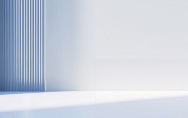 Empty white room, light blue striped lines wall and white floor with shadow background. High quality photo