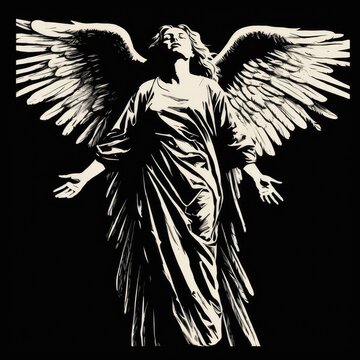 Angel, black and white illustration, woodcut style, AI generated Image