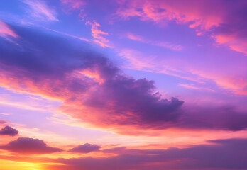 Purple orange pink sunset. Beautiful evening sky with clouds background for design.