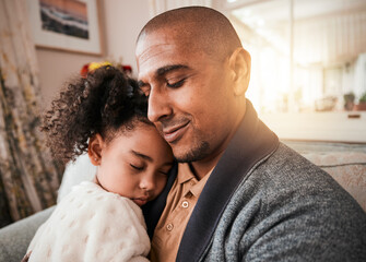 Fototapeta premium Father, girl and hug in home living room for love, care and bonding together. Dad, child and embrace in lounge for trust, support and family time to relax, tired kid sleep and happy with lens flare