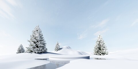 Marry Christmas and New Year greeting card, poster, banner with   trees and snow - 3D, render. Exhibition Podium, stand, on light landscape background for premium product.