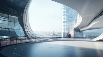 Fotobehang High-angle view of futuristic architecture featuring a skyscraper office building adorned with curved glass windows, showcasing modern and sleek design. © Nattadesh