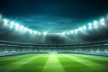 Soccer stadium with bright lights and green football or soccer fields background. High quality photo