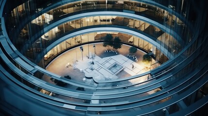 High-angle view of futuristic architecture featuring a skyscraper office building adorned with curved glass windows, showcasing modern and sleek design.