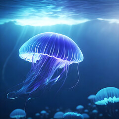 Pacific sea nettle Chrysaora melanaster jellyfish. Vibrant against a deep blue background. colorful jellyfish dancing